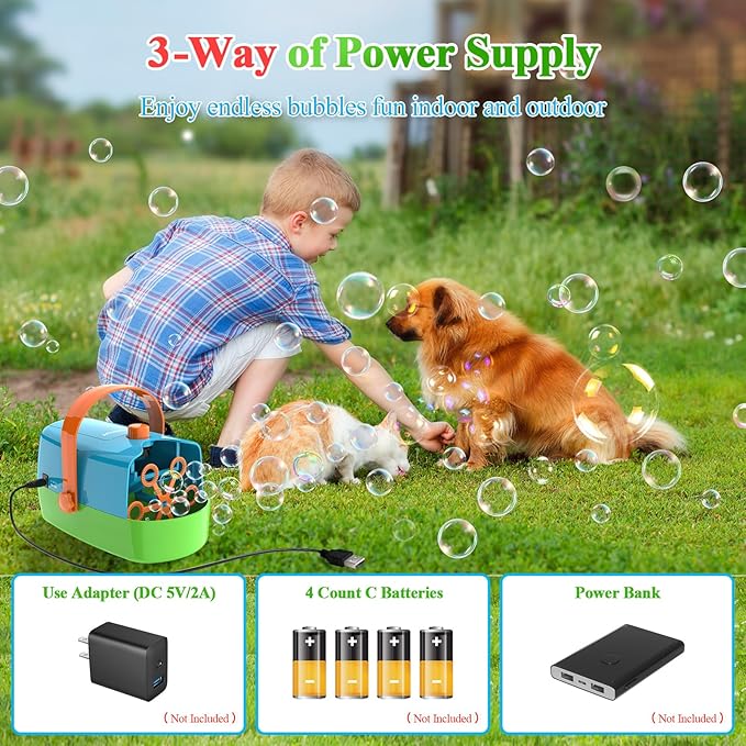 Bubble Machine, 3-in-1 Bubble Maker, Automatic Bubble Blower with 3 Bubble Wands, 8000+ Colorful Bubbles for Kids Toddlers, Operated by Plug-in or Batteries for Indoor Outdoor Birthday Party