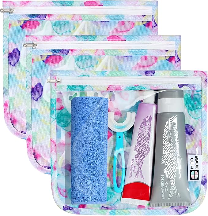 TSA Approved Toiletry Bag, Set of 3 Clear Travel Toiletry Bag Quart Size Zipper Travel Pouch, Waterproof Makeup Cosmetic Bag for Women Men Kids Toiletries Carry on, Watercolor Large