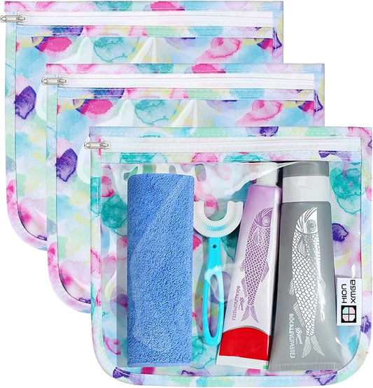 TSA Approved Toiletry Bag, Set of 3 Clear Travel Toiletry Bag Quart Size Zipper Travel Pouch, Waterproof Makeup Cosmetic Bag for Women Men Kids Toiletries Carry on, Watercolor Large