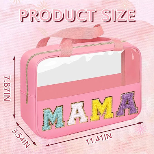 Iqimott Chenille Letter Patch Mama Bag, Preppy Clear Makeup Cosmetic Bag Large Toiletry Storage Tote Bag with Handle, Transparent Nylon Waterproof Organizer Zipper Pouch for Travel Women Girls(Pink)