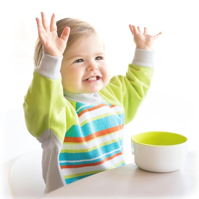 Kiddologic Bibit-all Baby Feeding Bib, Long Sleeves, Ribbed Cuffs, High Collar, Stretchy Pullover Smock, Soft Absorbent Terry, Waterproof Lining, Unisex Toddler 12-36 Months, Fresh Lime (Green) Stripe