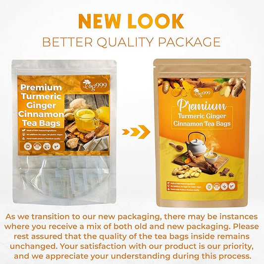 60 Bags Premium Turmeric Ginger Cinnamon Tea, Improve Digestion, Support Brain, Weight, Skin and Sleep, Eco-Conscious Tea Bags and Premium Natural Ingredients. Turmeric Ginger Herbal Tea. No Sugar, No Caffeine, No Gluten, Vegan.