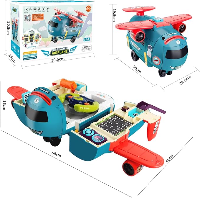 Dwi Dowellin Airplane Car Toy,Steering Wheel Toys for 3 4 5 6 Year Old Boys&Girls with Sound and Light,Toddler Educational Plane Driving Toy Gift for Kids Aged 3+, Blue