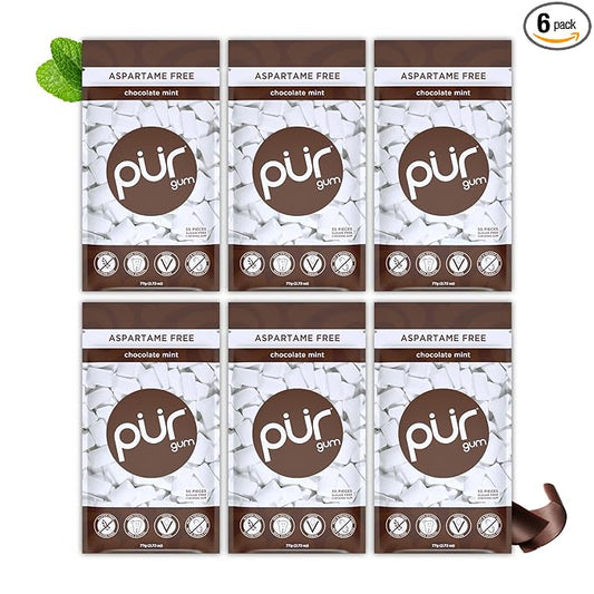 PUR Gum | Aspartame Free Chewing Gum | 100% Xylitol | Natural Chocolate Mint Flavored Gum, 55 Pieces (Pack of 6)