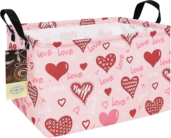 HUNRUNG Rectangle Storage Basket Cute Canvas Organizer Bin for Pet/Children Toys, Books, Clothes Perfect for Rooms/Playroom(REC-Pink Love Heart)