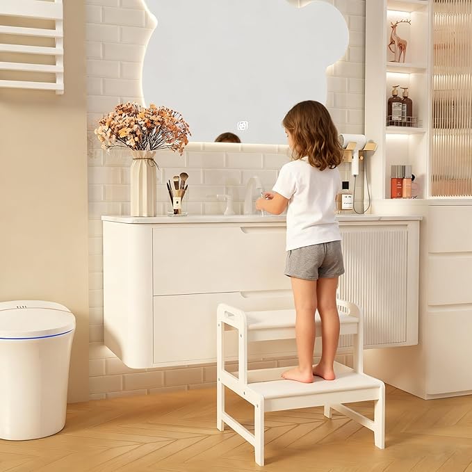 Step Stool for Kids Bamboo Toddler Two Steps Stool with Anti-Slip and Handles Stairs 300 lbs Capacity for Bathroom Kitchen Bedroom(White)