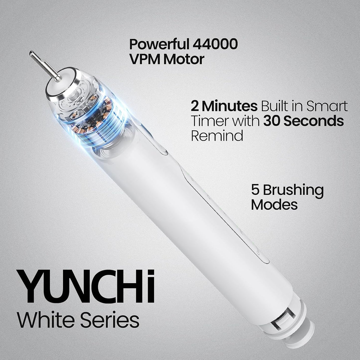 YUNCHI Sonic Electric Toothbrush for Adults Teens, Rechargeable Battery Toothbrush with 8 Brush Heads, 90 Days, 44000 VPM Powerful Motor, 5 Models & 2 Minutes Built in Smart Timer, Travel Case,White