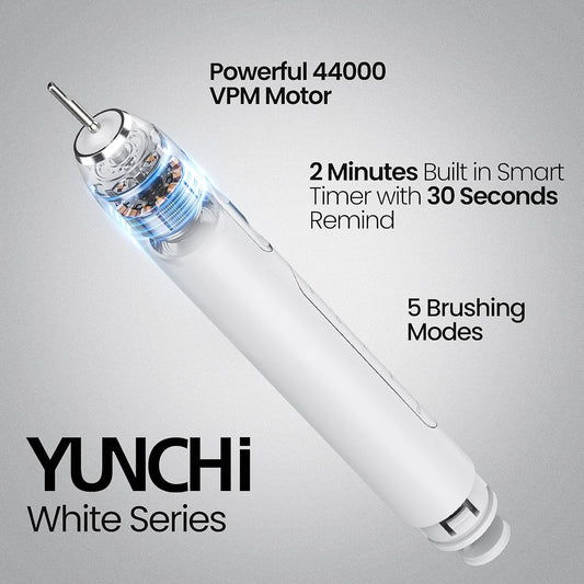 YUNCHI Sonic Electric Toothbrush for Adults Teens, Rechargeable Battery Toothbrush with 8 Brush Heads, 90 Days, 44000 VPM Powerful Motor, 5 Models & 2 Minutes Built in Smart Timer, Travel Case,White