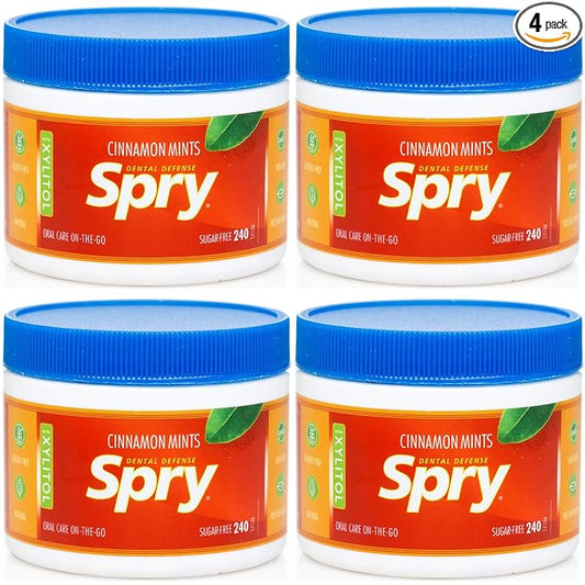 Spry Xylitol Cinnamon Mints Sugar Free Candy - Promote Oral Health, Increase Saliva Production, Stop Bad Breath, Non-GMO, Gluten-Free, 240 Count (Pack of 4)