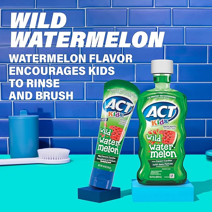ACT Kids Anticavity Mouthwash, Wild Watermelon | Fluoride Rinse | Alcohol Free | 16.9 fl. oz. | Pack of 2
