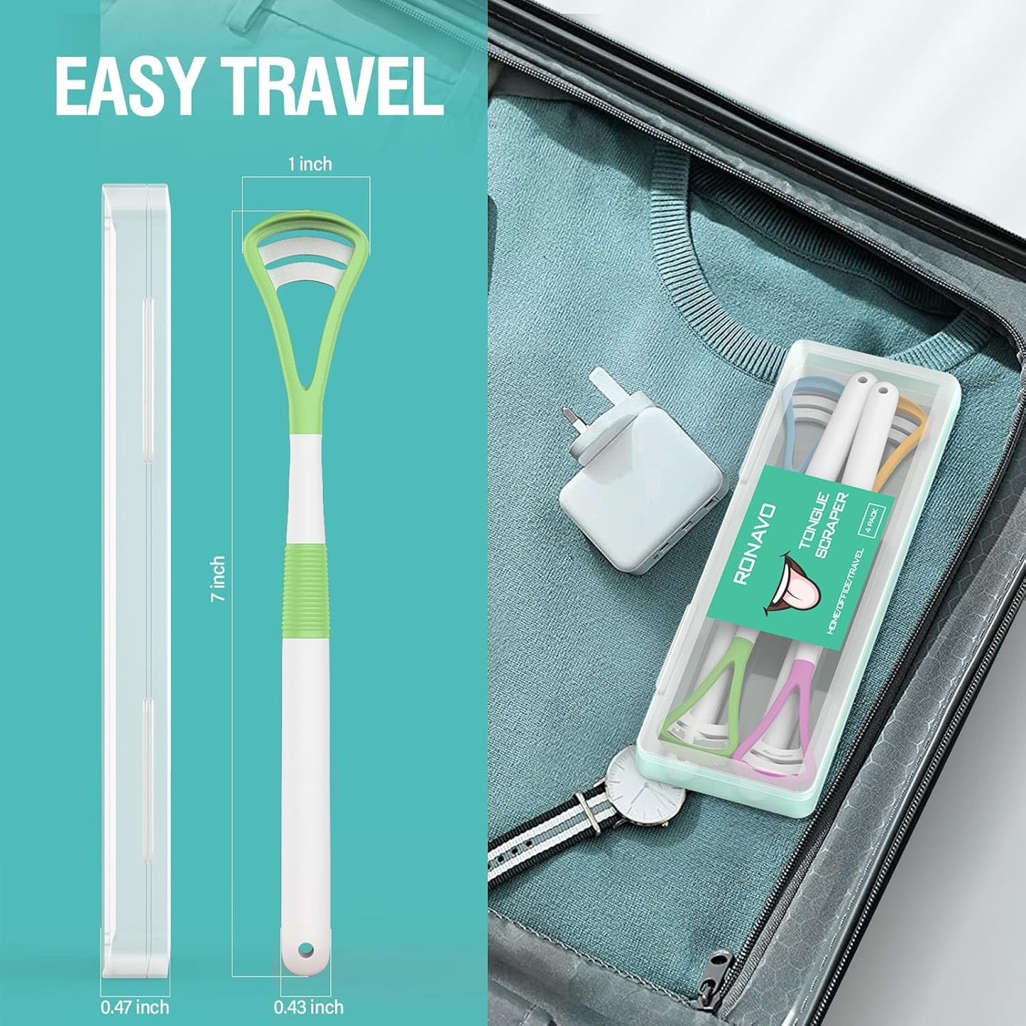 RONAVO Tongue Scraper, Disposable Tongue Cleaner, 2 in 1 BPA Free Tongue Brush, Brushing and Scraping for Oral Care Hygienic, with Travel Case, Fight Bad Breath, 4 Pack