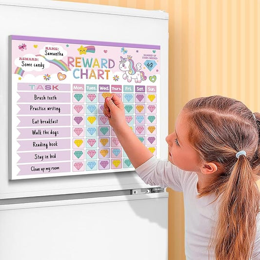 Reward Chart for Kids,Magnetic Behavior Chore Chart for Kids at Home,26 Little Hose Chore Charts,1960 Diamond Stickers,56 Reward Stickers,Incentive Chart to Develop Responsibility and Good Habits,Pink