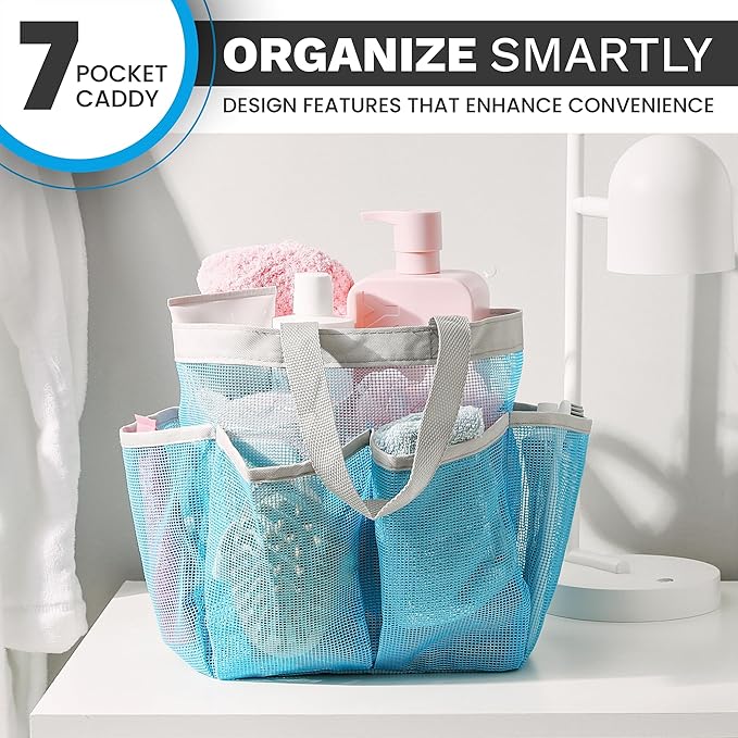Handy Laundry Mesh Shower Caddy - 7 Pocket Portable Bathroom Organizer Tote for Travel, Gym & Dorm - Collapsible Small Shower Caddy Bag to Hold Toiletries & Essentials (Blue)