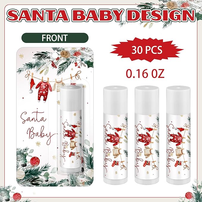 30 Pack Santa Baby Shower Games Prizes Party Gifts Bulk Lip Balms Favors for Winners Adults Guests Gender Reveal Favors Decorations Baby Shower Souvenirs Gift Bags Stuffers