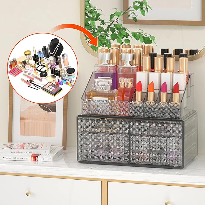 2 Pack Stackable Makeup Organizer with Drawers[Upgraded]-Acrylic Make up Organizers and Storage Case for Cosmetics,Brush,Perfume,Jewelry Display, Vanity and Bathroom Accessories