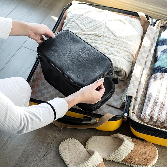 Elviros Toiletry Bag for Men, Large Travel Shaving Dopp Kit Water-resistant Bathroom Toiletries Organizer PU Leather Cosmetic Bags Fathers Day Gift(Medium, Black)