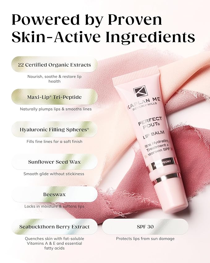 KAPLAN MD Perfect Pout SPF Lip Balm - Ultra Hydrating Lip Treatment for Dry, Chapped Lips - Sunscreen SPF 30 - Smooths Fine Lines - Glossy Finish - Non-Sticky Texture - Pink Peony