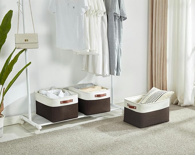 DECOMOMO Storage Baskets for Shelves - Fabric Storage Bins, Linen Closet Organizers and Storage (Brown & White, XL - 3 Pack)