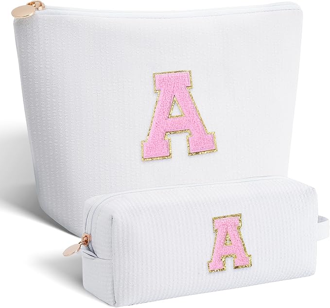 Makeup Bag Set Initials Cosmetic Bag,Gifts for 10 11 12 13 14 15 16 17 18 Years Old Girl Girlfriend Teen Girls Gift Trendy Stuff Personalized Toiletry Bag Travel - White,A