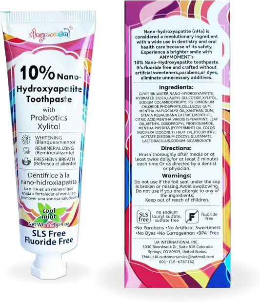 Anymoment 10% Nano Hydroxyapatite Toothpaste (Fluoride Free), Whitening*, Supports Enamel Care*, Appropriate for Sensitive Teeth*, SLS Free, Xylitol nHA Toothpaste for Adults, Mint 4oz