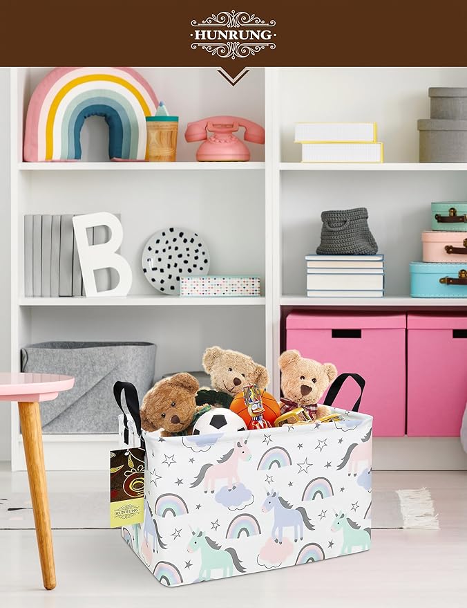 HUNRUNG Rectangle Storage Basket Cute Canvas Organizer Bin for Pet/Children Toys, Books, Clothes Perfect for Rooms/Playroom(REC-Star Unicorn)