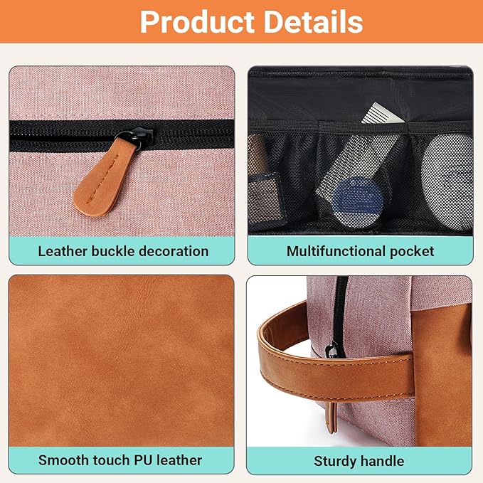 Elviros Travel Toiletry Bag for Men, Hanging Toiletries Bag Water Repellent Dopp Kit PU Leather Travel Bag for Toiletries Accessories, Pink
