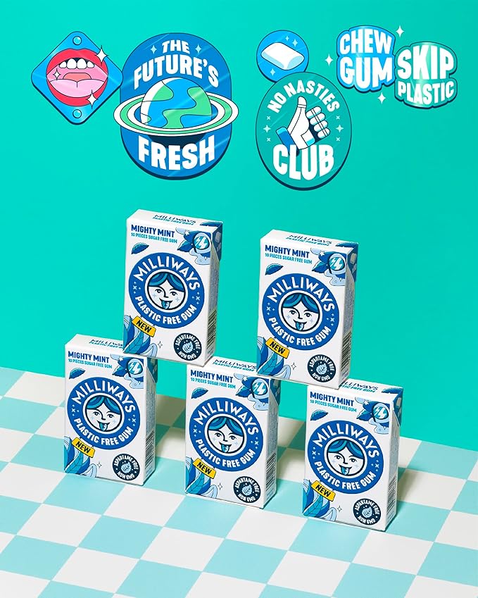 Milliways Mighty Mint | Plastic Free Gum | Xylitol, Aspartame-Free, Sugar-Free, Plant-Based, Natural Chewing Gum | 120 Pieces Total (12 Packs of 10 Pieces)