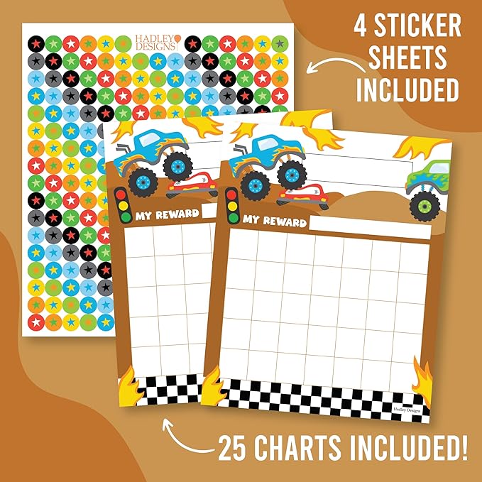 Sticker Chart for Kids Behavior at Home & Classroom - 25 Reward Chart for Kids Incentives, Gold Star Sticker Sheets, Monster Truck Incentive Charts for Classroom Must Haves