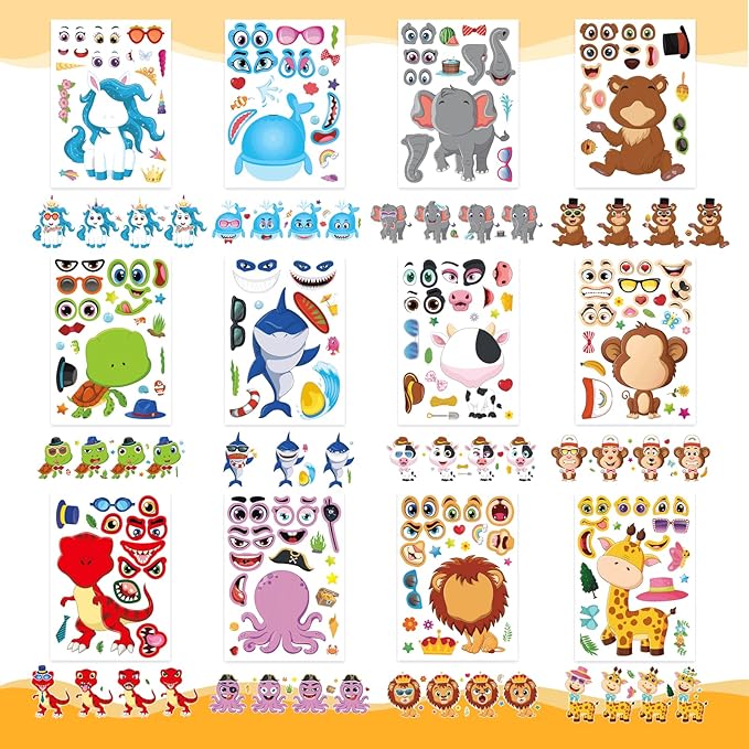 48 Sheets Make a face Stickers for Kids, Make Your Own Animal Mix and Match Sticker Sheets with Safaris, Sea and Fantasy Animals Party Favors Supplies