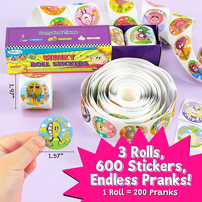 3 Rolls Smelly Stickers for Kids 600 PCS, 24 Designs Onion/Durian/Garlic with Funny Scents, Scratch and Sniff Prank Toys Increase Interaction with Friends, Interesting Reward Stickers for Classroom