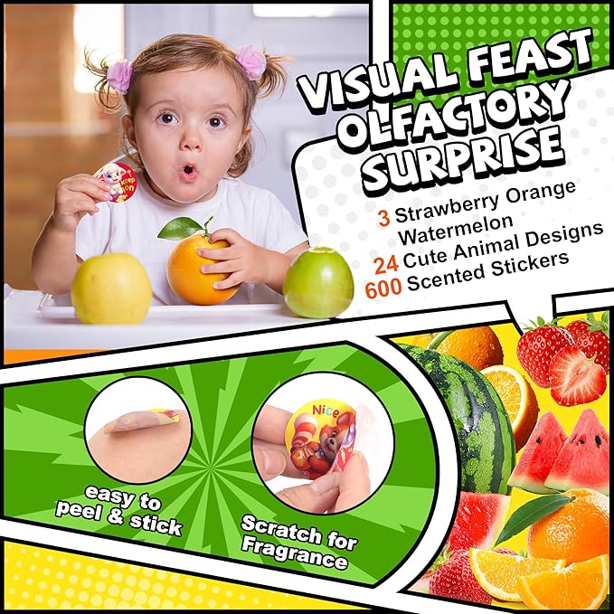 HORIECHALY Scratch and Sniff Stickers Rolls, Smelly Animal Stickers with 24 Designs and 3 Fruit Scents, Reward Motivate Stickers for Kids, Teachers, Parents Gift- 3 Rolls, 600 Pcs, 1.58"