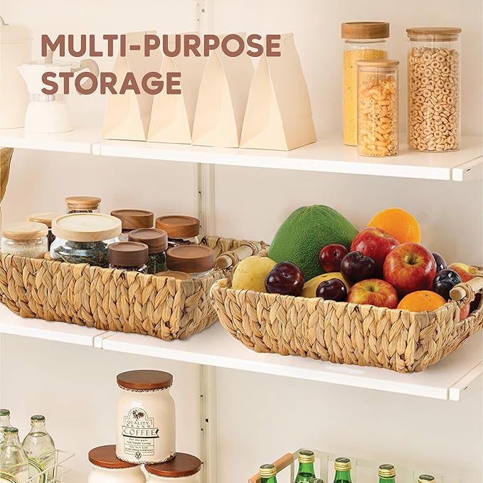 Greenatural Water Hyacinth Storage Baskets Set of 2, 15x10.75x5 in Handwoven Rectangular Organizers with Wooden Handles, Wicker Baskets for Shelf, Bathroom, Kitchen, Office, Natural Home Decor