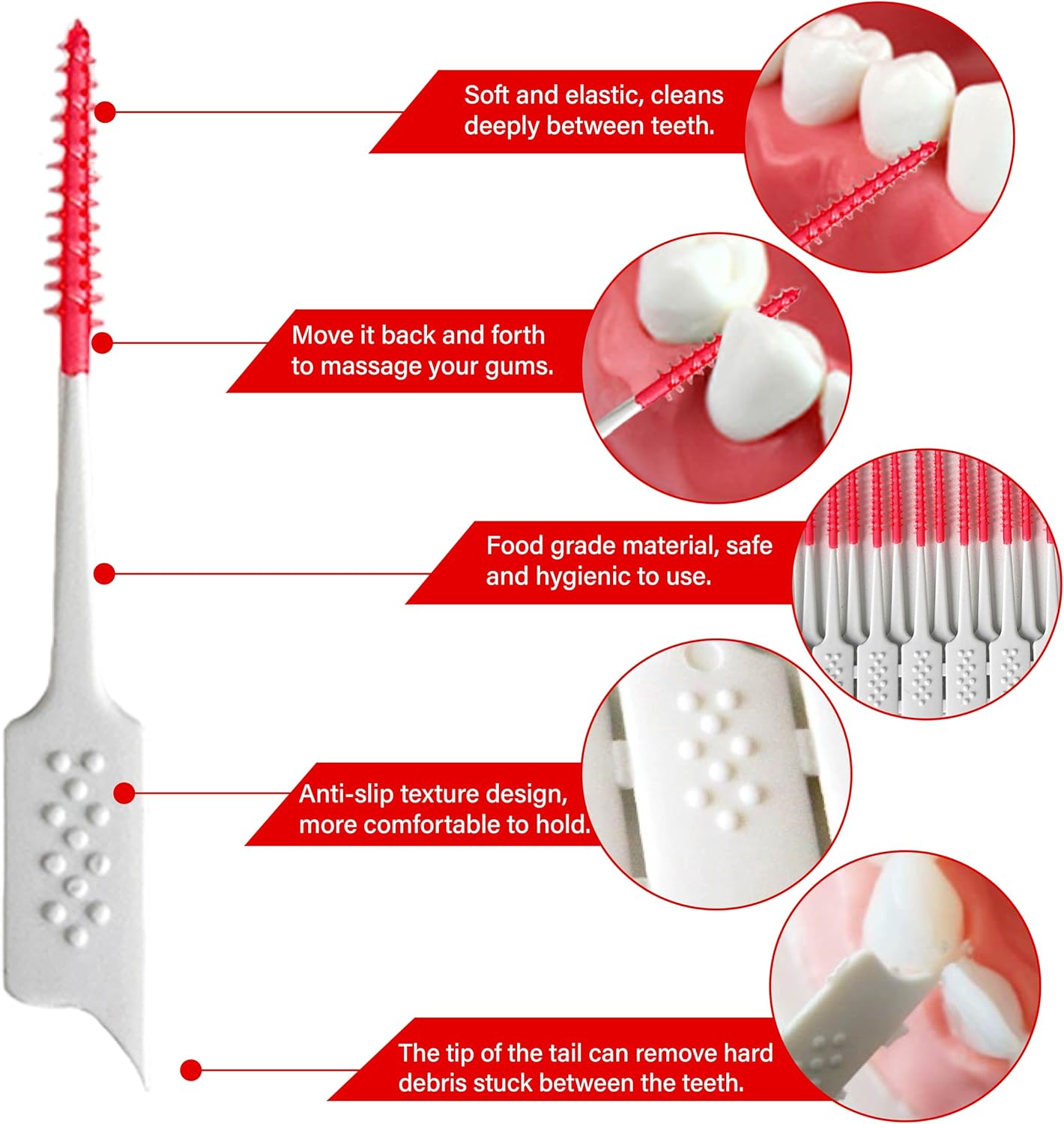 Dental Floss Picks Soft Silicone interdental Brush, Braces Brush, Floss Picks for Teeth, Disposable interdental Brush, Suitable for Cleaning Teeth Health(Red, 160pcs)