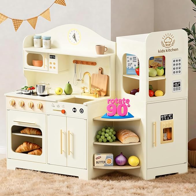 Play Kitchen for Kids with Rotating Design, Wooden Kids Kitchen Playset with Ice Maker, Toy Kitchen Set for Toddlers Girls Boys with Sink, Stove, Oven, Fridge, Microwave, Pearl White