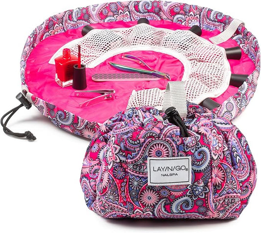 Lay-n-Go NailSpa Drawstring Cosmetic Bag - Portable Nail Supplies Organizer Bag w/ 8 Elastic Mesh Pockets & Circular Center - Durable, Machine Washable Nail Kit Organizer (18", Pink Paisley)