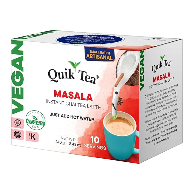 QuikTea Vegan Masala Chai Tea Latte – 10 Count, Bold Masala Flavor, Naturally Caffeine-Light, No Preservatives – Just Add Hot Water