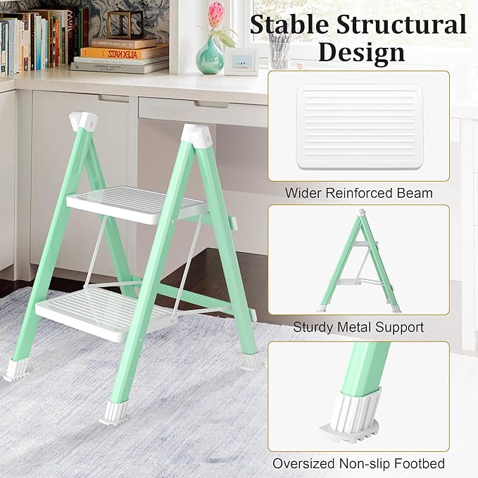 2 Step Ladder, Folding Step Stool with Anti-Slip Wide Pedal, Anti-Slip Feet, Sturdiest Steel Construction, Steel Ladder for Home and Office, Green White