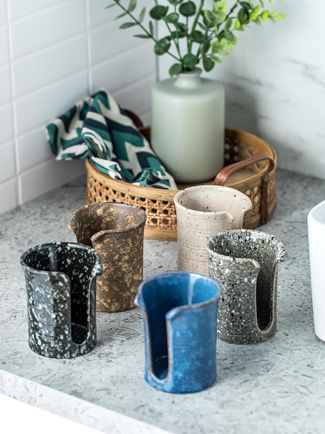 Bathroom Cup Holder, Ceramic Bathroom Cup Dispenser 3 Oz, Small Mouthwash Cup Dispenser Disposable Paper Cup Holder for Bathroom, Coffee Bar, Stoneware Design Modern Decor, Blue