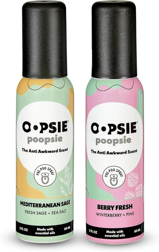 Oopsie Poopsie - Mediterranean Sage and Berry Fresh- Before & After You Go Toilet Spray 2oz Each - Gift Set - Portable Odor Eliminator - 2 Pack