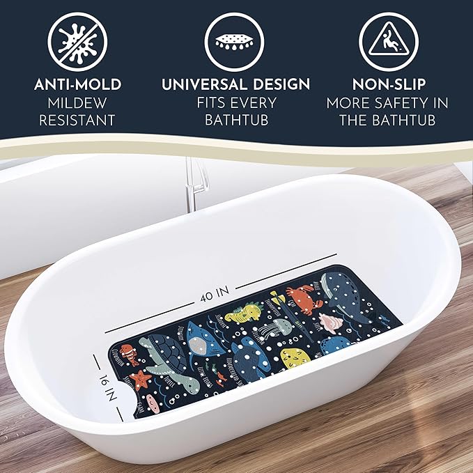 Bath Tub Mat Non Slip Anti Mold for Kids BPA Free INCL Hooks - homerella® Ocean Sea Animals 40x16, Baby Bath Mat Non Slip 200 Suction Cups, Non Toxic Machine Washable Toddler Bath Mat, EU Certified