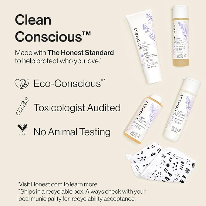 The Honest Company Calming Lavender Bathtime Gift Set Hypoallergenic Bath Essentials for Sensitive Baby Skin Shampoo and Body Wash Face Lotion Bubble Conditioner Cloth