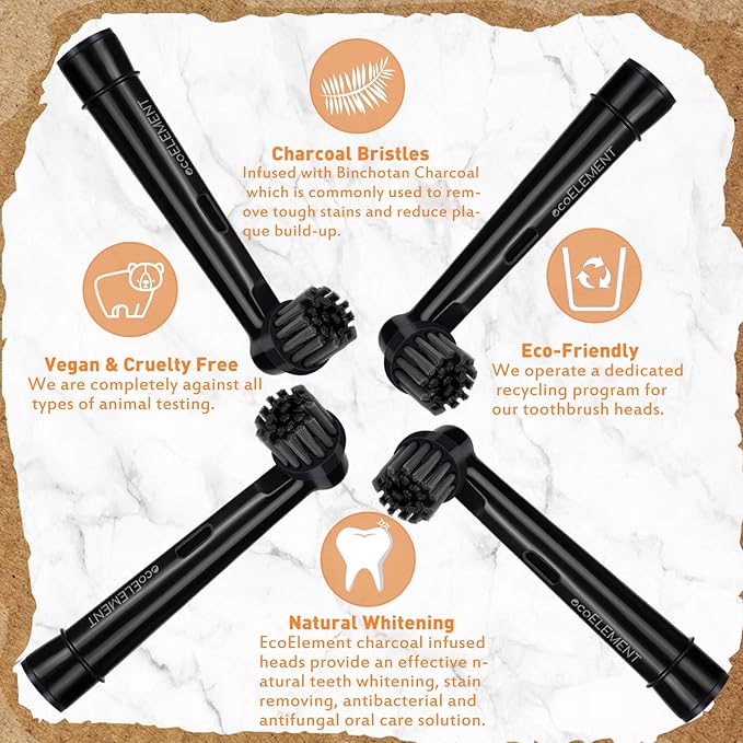 Replacement Toothbrush Heads Compatible with Oral B Braun - 8 Pack ecoELEMENT Professional Electric Toothbrush Heads Brush Heads Recyclable Charcoal Refill for Oral-B 7000/Pro 1000/9600/ 500/3000/8000