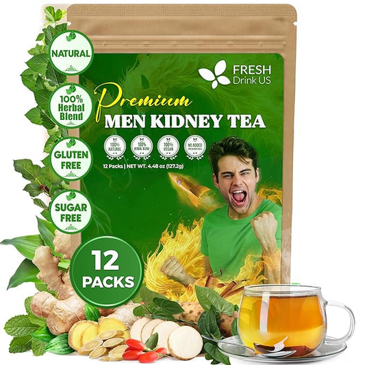 FreshDrinkUS, 12 Packs of Premium Herbal Kidney Support Tea – Ginseng Six Treasure Blend, 9 Powerful Ingredients, 10g/Bag – Men's Wellness Tea with Ginseng and Five Treasure Aid Root.