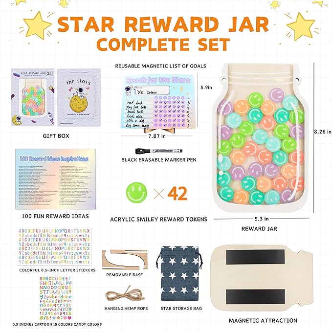 Magnetic Reward Jar, DIY Smiley Faces Jar Set for Kids Potty Training Acrylic Reward Jar System for Classroom Board Behavior Management Home Chore Chart, with Colorful Letter Stickers (42PCS Tokens)