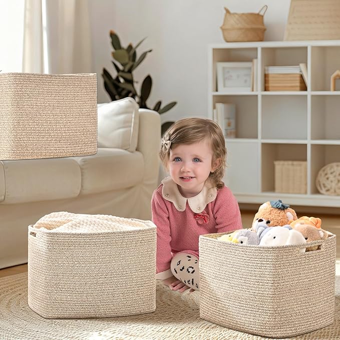 3 Pack Cube Storage Bin, 17”x12”x12” Cotton Rope Woven Baskets for Organizing Toys Clothes Towels, Square Gift Storage Baskets for Shelf, Nursery, Closet, Bathroom, Pantry (Jute)