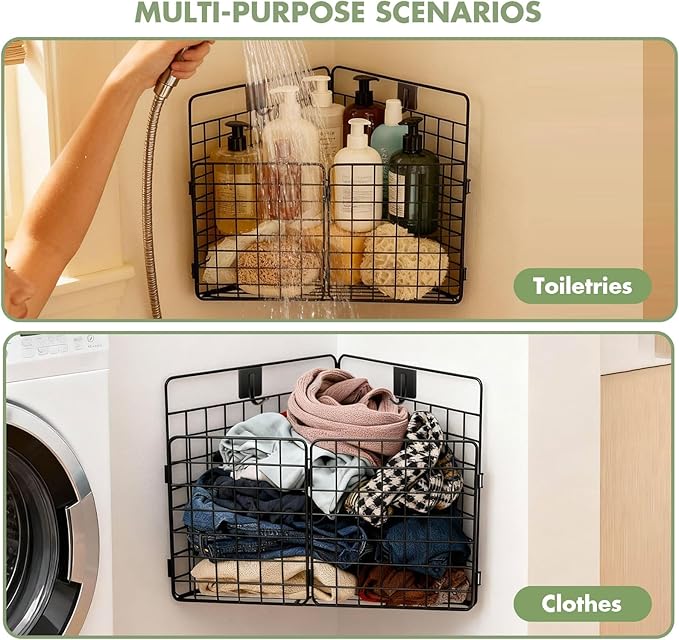 Large Corner Bath Toy Storage, Metal Bathtub Shower Toy Holder, Foldable bath Tub Toy Organizers Black, Bathroom Toy Storage with Drainage for Sorting Toys/Clothes/Toiletries