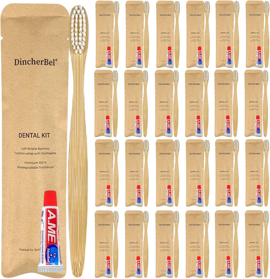 DincherBel Bamboo Toothbrushes Kit Bulk, Disposable Toothbrushes with Toothpaste(6g), Individually Wrapped Toiletries Amenities for Hotel, Airbnb, Homeless, Shelter, Camping and Travel (50 Pack)