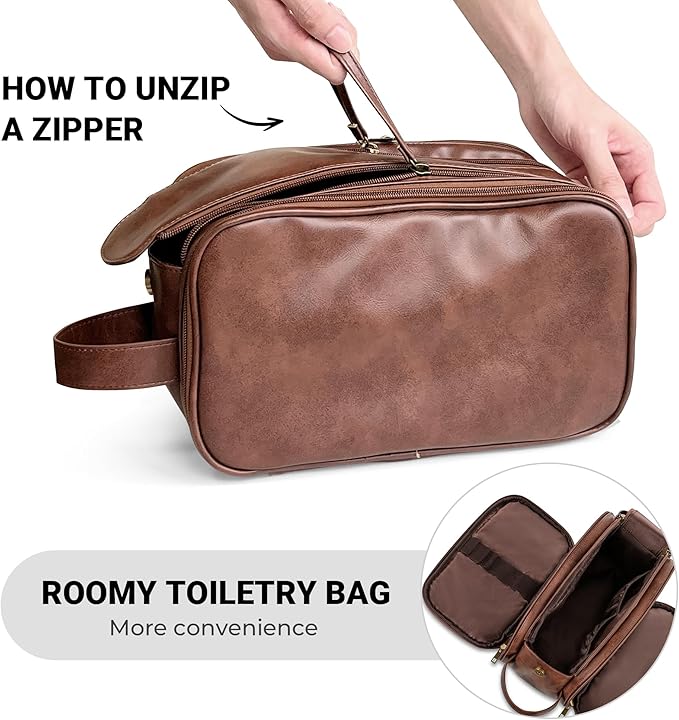 Elviros Travel Toiletry Bag Gift for Men，Mens Toiletries Bag Gifts Set Shaving Dopp Kit Water-resistant Bathroom Toiletries Organizer PU Leather Cosmetic Bags 2 Pack Dark Brown and Brown