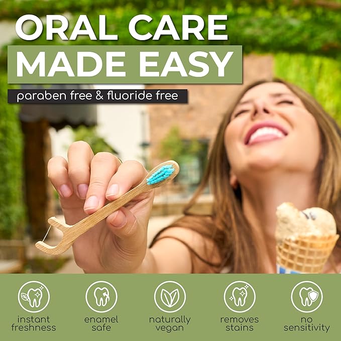Brushee - 12 Pack Bamboo Toothbrushes Kit - 3-in-1 Travel Toothbrush with Flosser - Soft Eco-Friendly Disposable Toothbrushes with Toothpaste Fresh Mint Flavored - Individually Wrapped for Travel