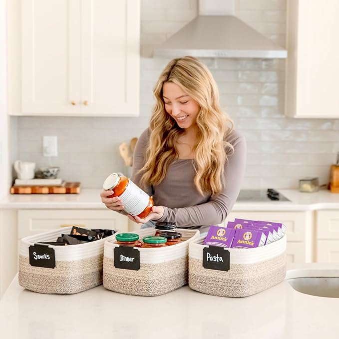 NaturalCozy 13.5”x8.5”x5.5” Storage Baskets for Shelves 3 Pack | Cotton Rope Woven Small Baskets for Organizing | Small Storage Bins for Nursery, Bathroom, Closet, Cube Shelf, Decorative, Gift